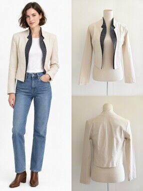 NWT Jennifer Glasgow Linen Open-Front Contrast Panel Cropped Blazer Jacket